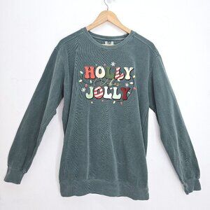 Comfort Colors Washed Forest Green Holly Jolly Christmas Sweater Men Size Small